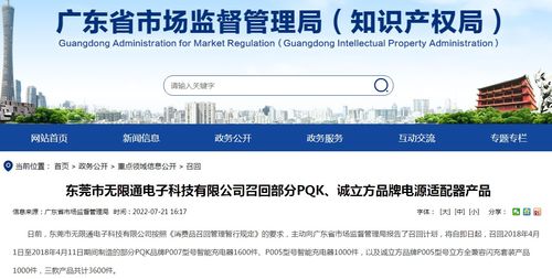 東莞市無限通電子科技召回部分PQK誠立方品牌電源適配器產品，上海網絡與信息安全軟件開發